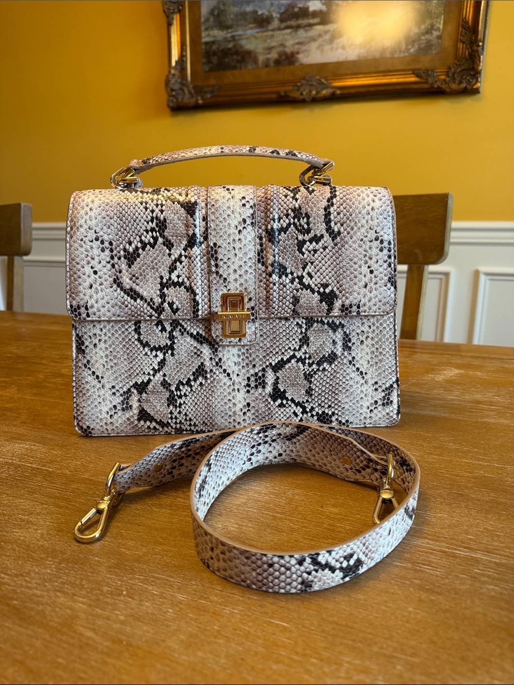 Top-Handle Snake Print Shoulder Bag in Beige